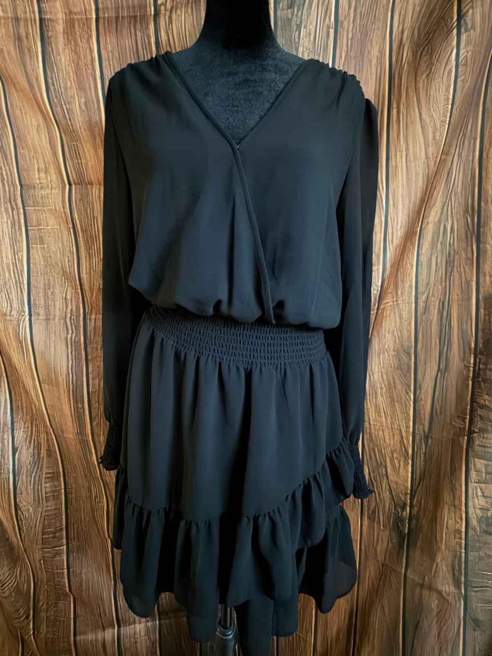 New Michael Kors Black Smocked Ruffle Dress M Long Sleeve Little Black Dress